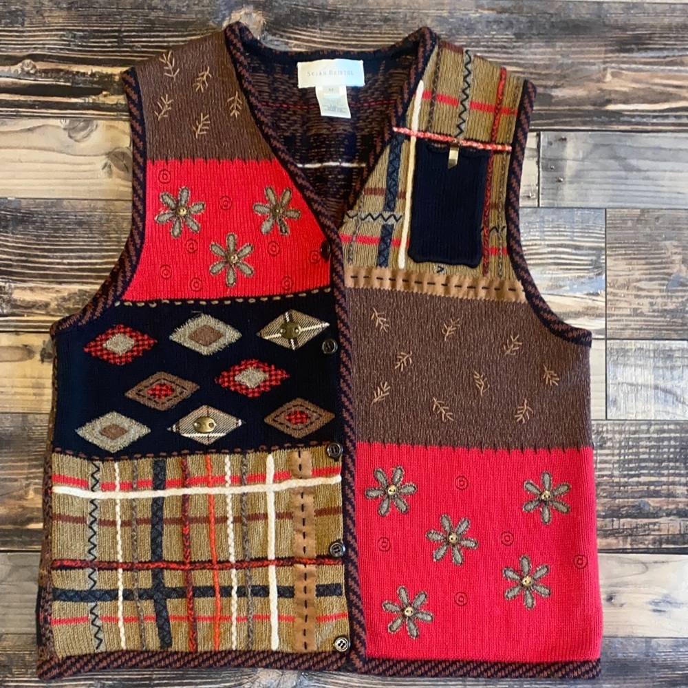Vintage Susan Bristol Hand Embroidered Multicolor Women's Cardigan Vest